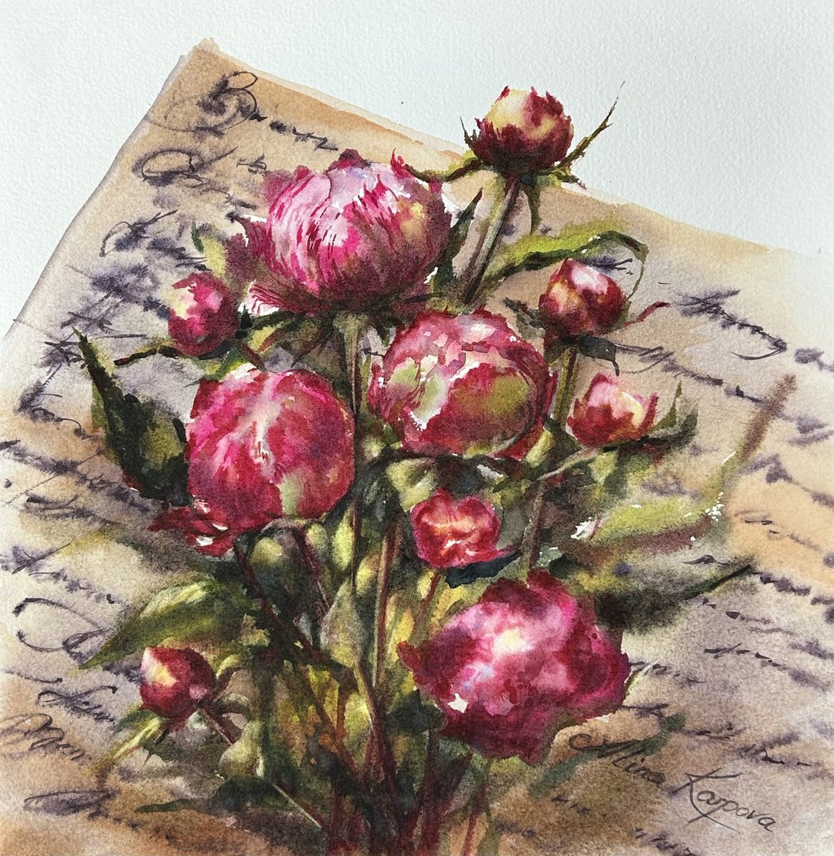 Impressionistic Botanical Watercolour By Alina Karpova, 10 X 10, Love Letter, Original Artwork