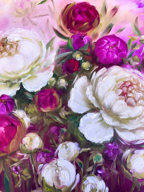 DOUBLE TREASURE - Peonies. Pink flowers. Floral decor. White peonies. A blooming garden.  Magnificent. Petals. Fuchsia. Softness.