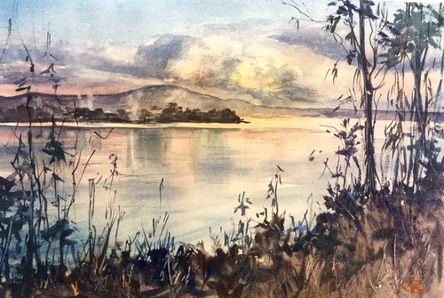 Lake - Original landscape watercolour painting by Violetta Kurbanova
