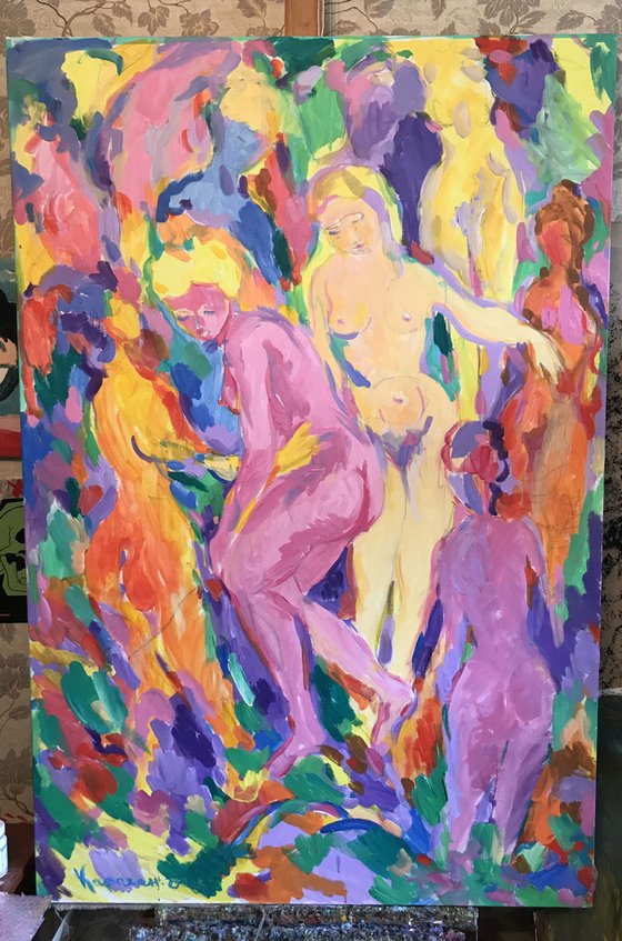 EROTICA. PINK - erotic nude theme,  Libra zodiac sign- large artwork, figurative, love, lovers, night, erotism