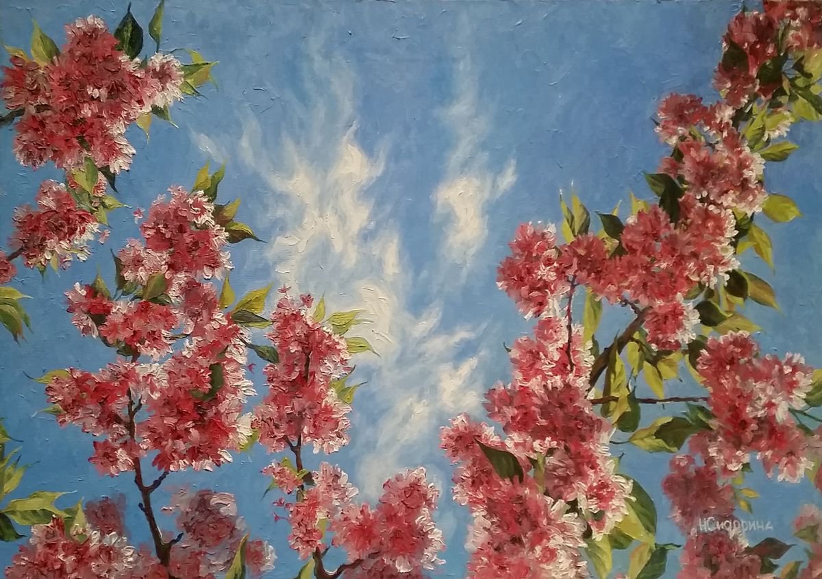 Impressionistic Landscape Oil Painting By Natalia Sidorina, 28 X 20", Sakura, Original Artwork