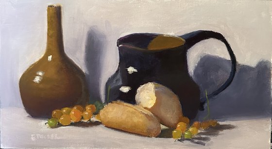 Blue Pitcher with Bread & Yellow Tomatoes