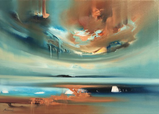 Remember where you’re coming from - 50 x 70 cm abstract landscape oil painting in soft tones
