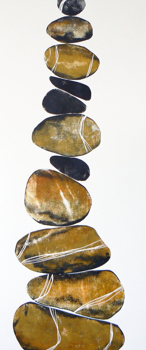 Zen stones - Eleven stones #6  (50 cm - banded balancing stones lino/monoprint) by Carolynne Coulson