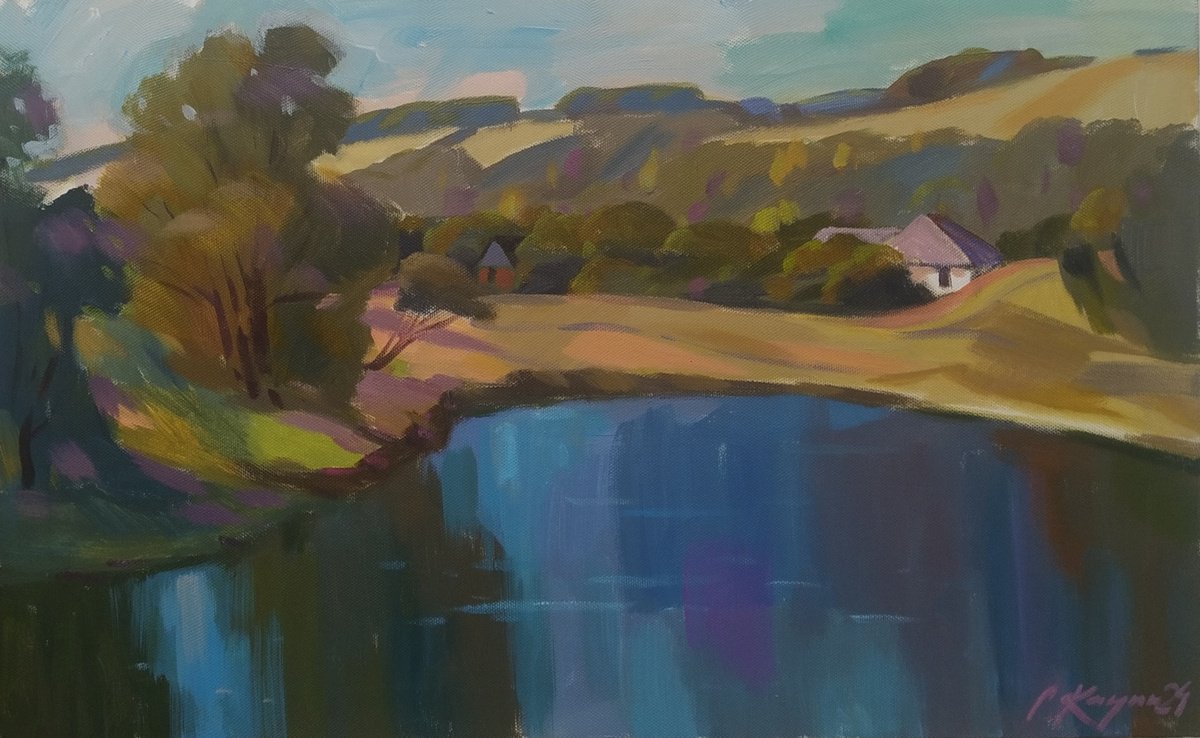 Impressionistic Landscape Acrylic Painting By Sergey Kachin, 31 X 20", House By The Lake, Original Artwork