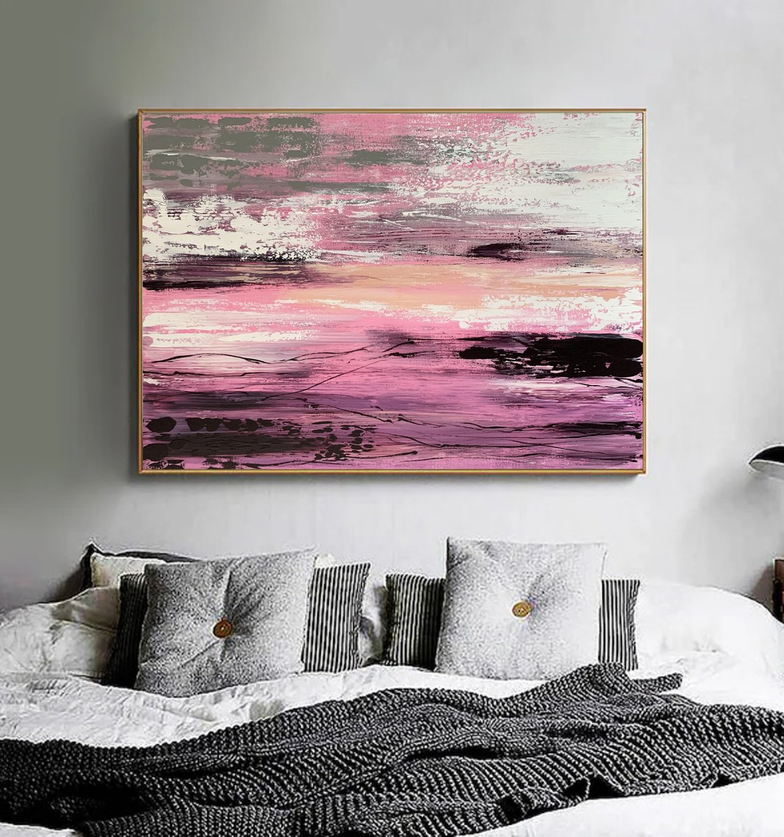 Pink SunSet  Landscape Gray White Abstract Art. by Marina Skromova