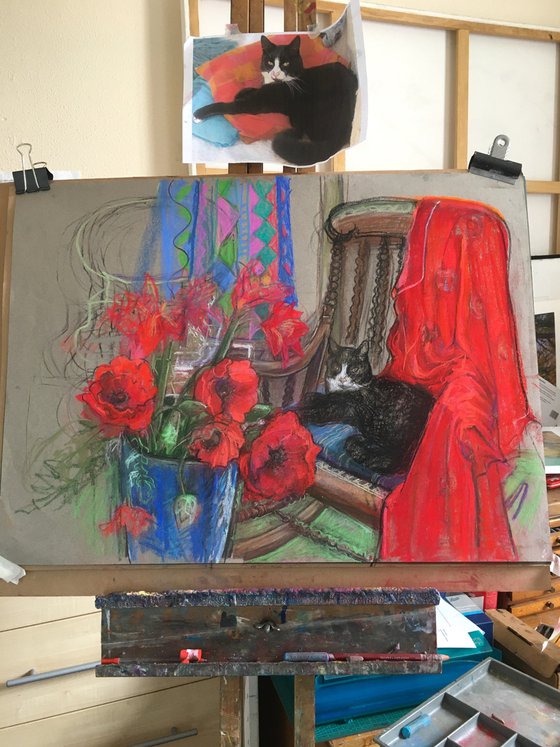 Black Cat and Poppies