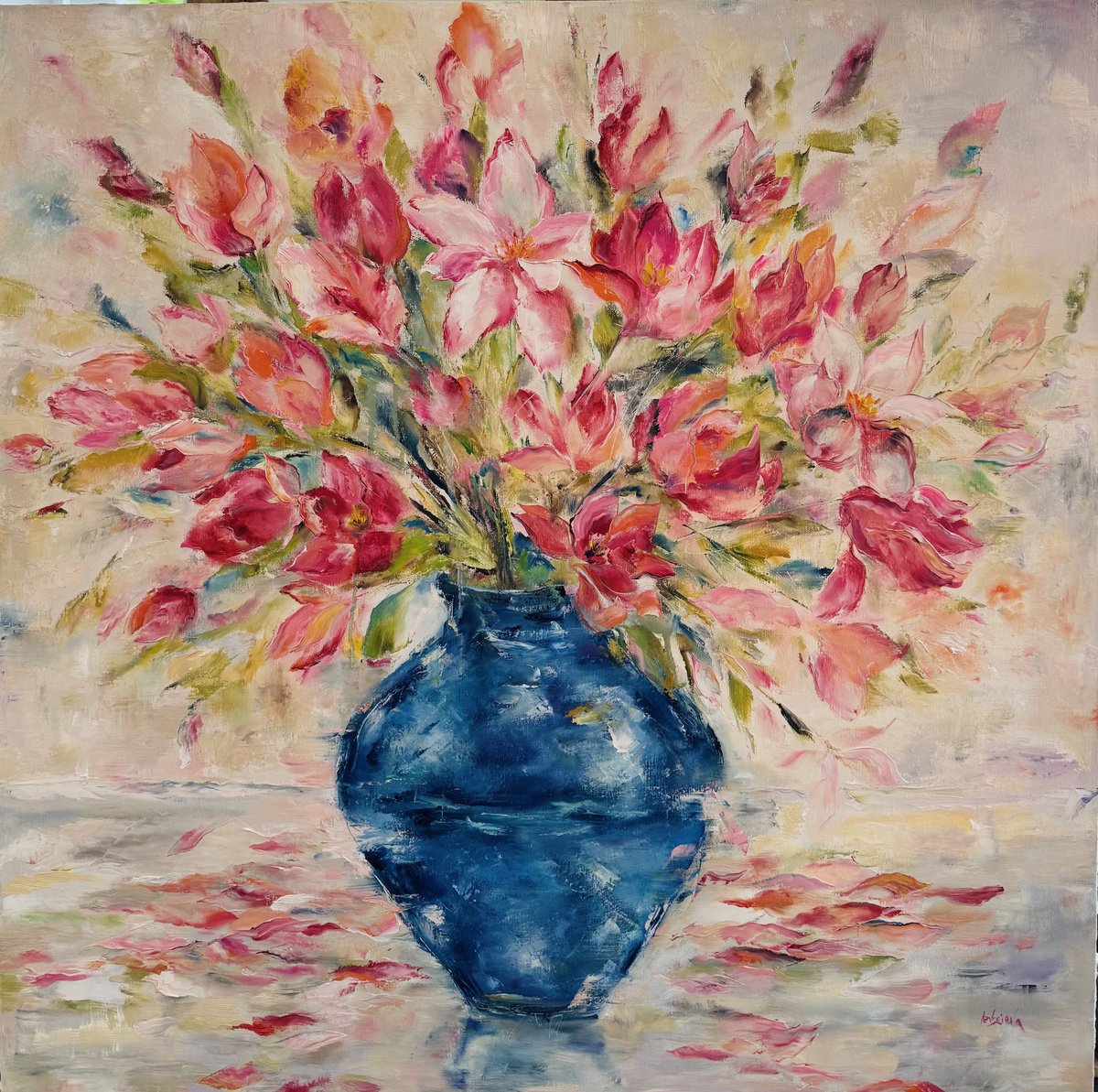Expressive Botanical Oil Painting By Oleksandra Ievseieva, 32 X 32", The Blue Vase, Original Artwork