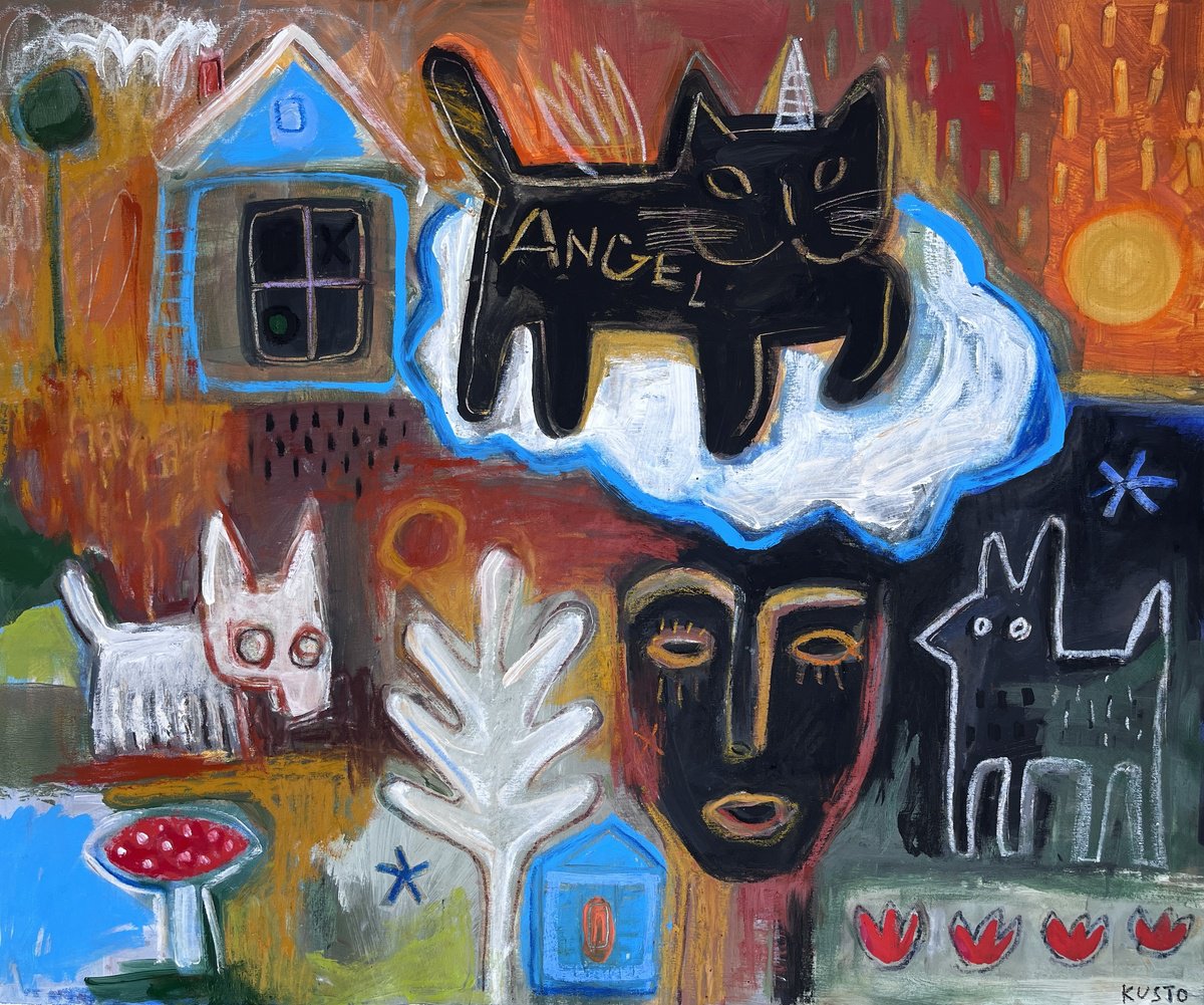 Impressionistic Animal Acrylic Painting By Daria Kusto, 51 X 43, Angel Cat, Original Artwork