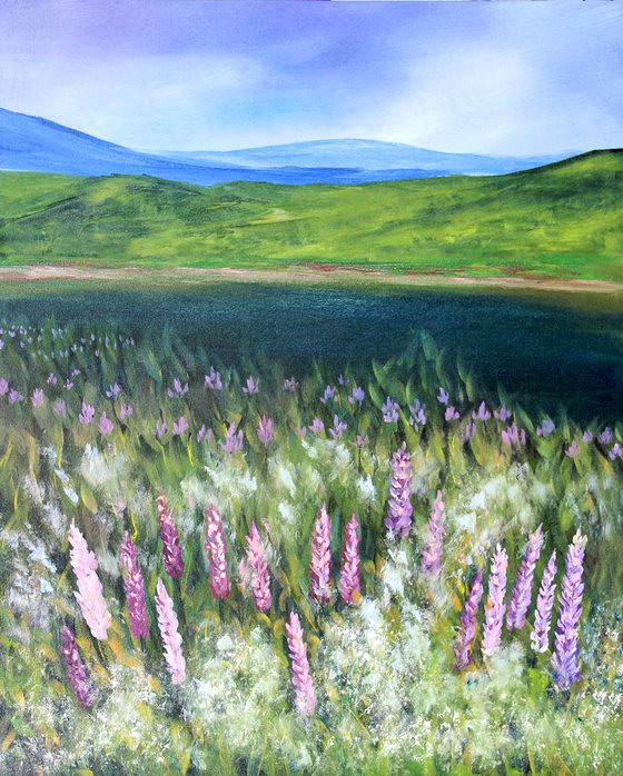 Mountains river pink purple flowers river oil landscape