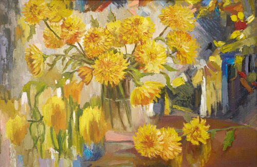 chrysanthemums - Original oil painting (2018) by Svetlana Norel