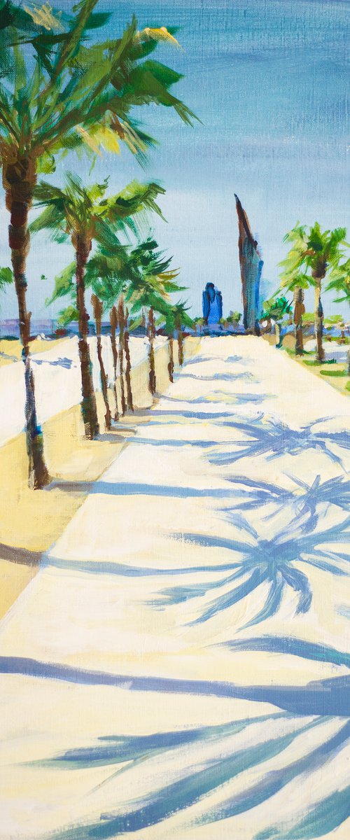 Barcelona. Walk near the sea. Original acrylic painting palms shade contrast by Sasha Romm