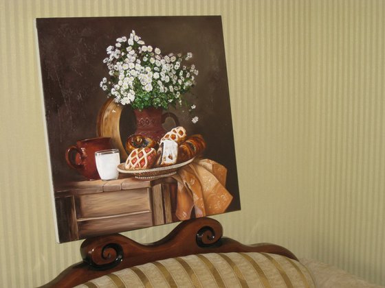 Rural still life, Pastries and White flowers