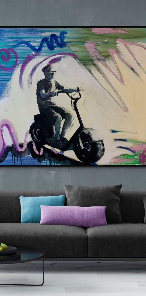 XXl Big painting - "Warm wind" - Pop Art - Sport - Electric scooter - Bike - Motorcycle - Street Art by Yaroslav Yasenev