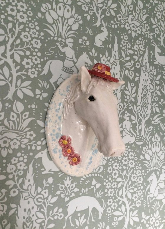 White horse with hat, Miss Daisy