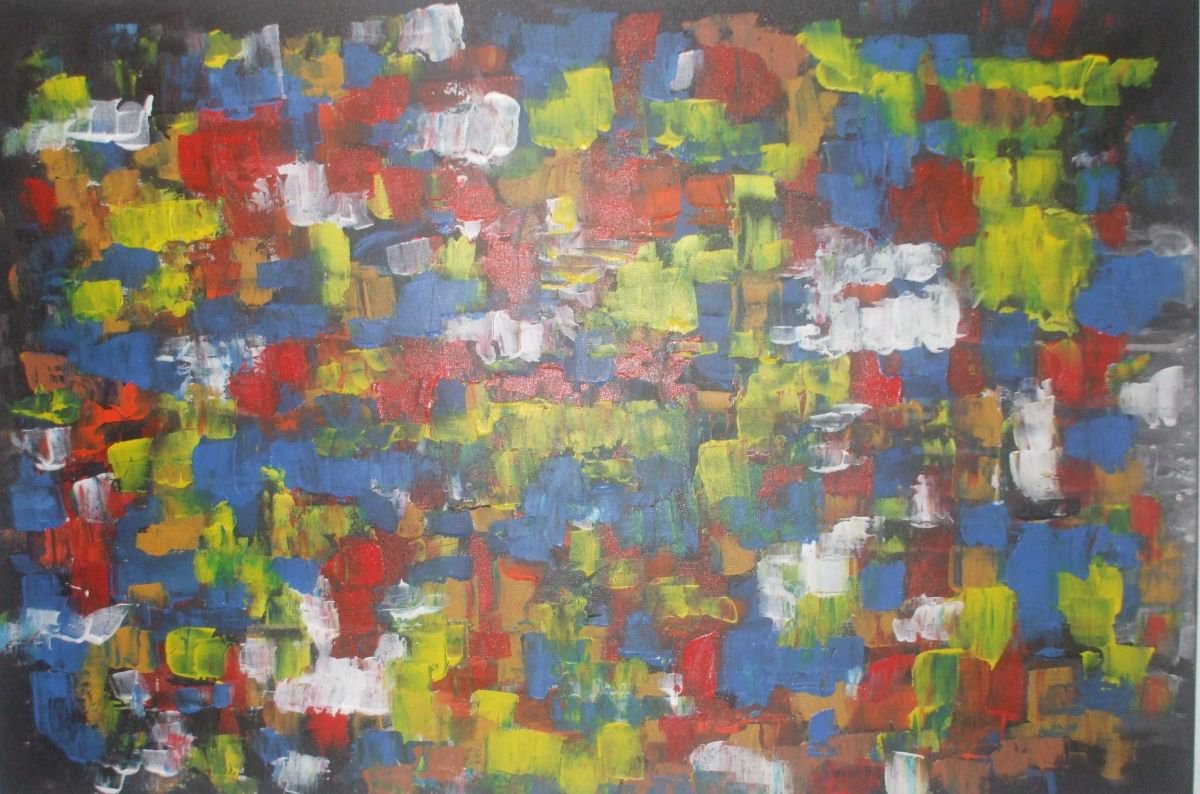 Mixed feelings - large abstract, red, yellow, blue - by Maria Cunha