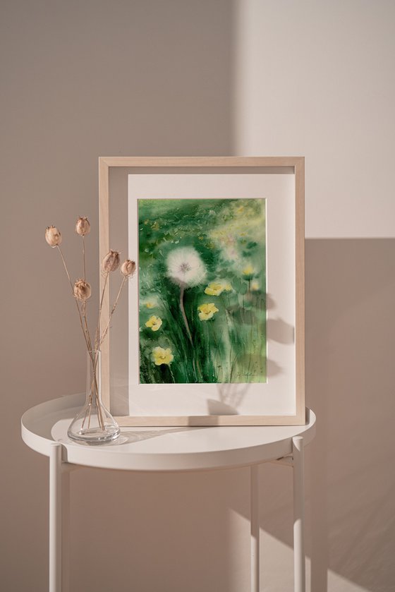 Watercolor dandelion field