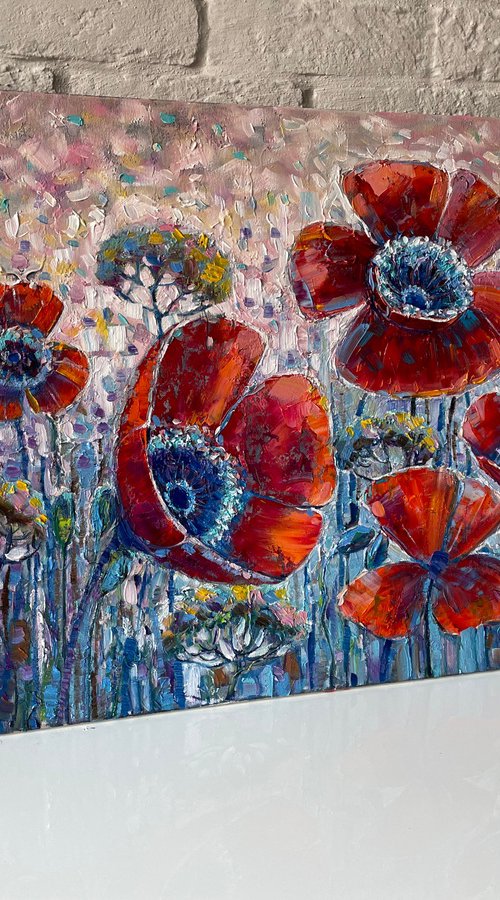 Poppies in the field. Original oil painting by Mary Voloshyna