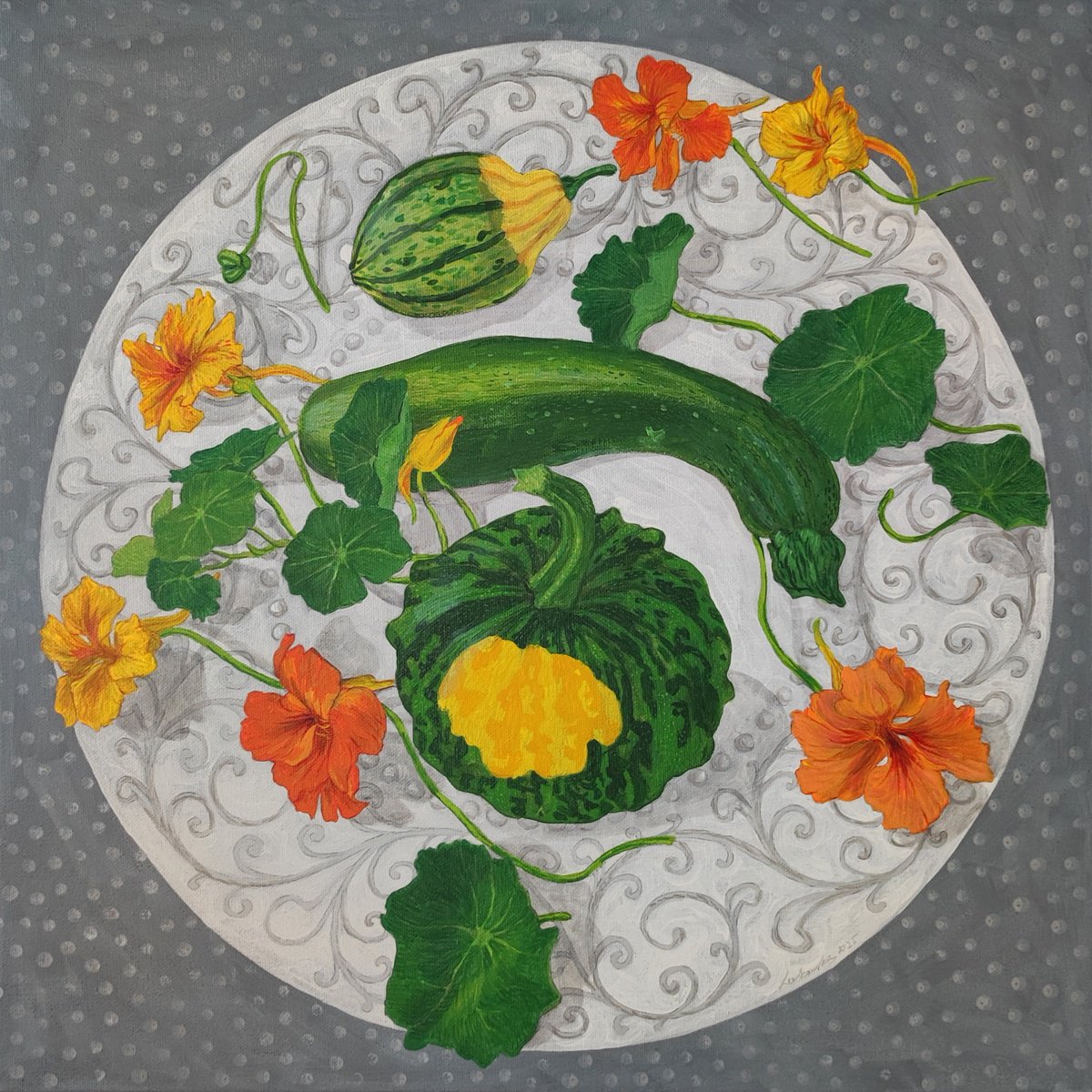 Illustrative Still Life Acrylic Painting By Natalie Levkovska, 20 X 20", Courgette And Two Decorative Pumpkins, Original Artwork