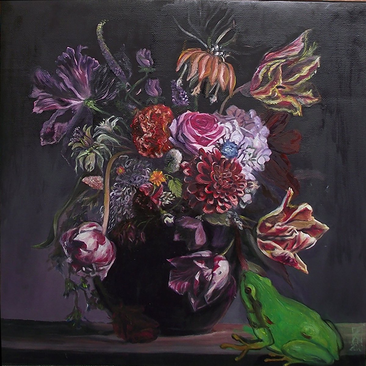 Still life with spring flower and green frog by Safir and Rifas Art
