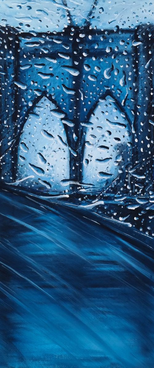Rain on the way II - Brooklyn Bridge Rain Street New York Decor Home Office Painting by Danijela Dan
