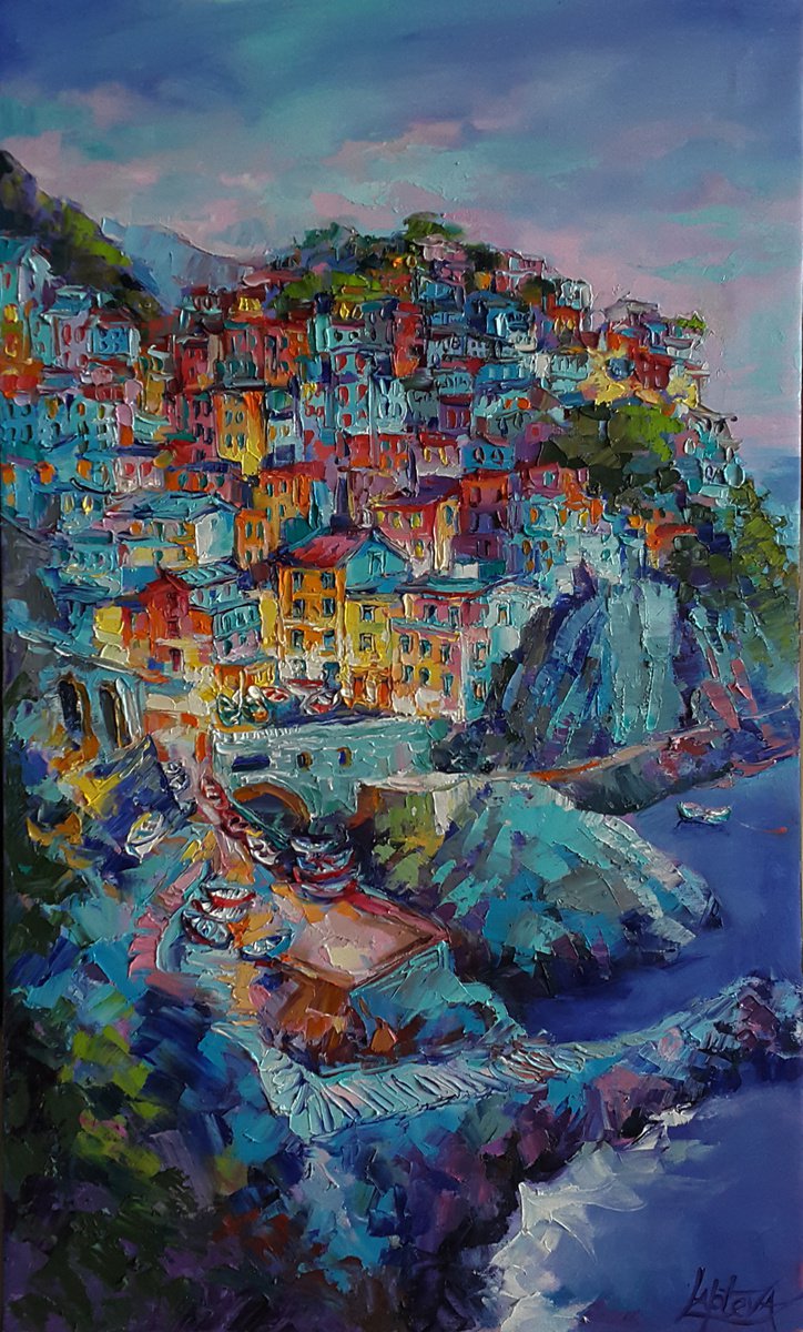 Expressive Landscape Oil Painting By Viktoria Lapteva, 18 X 29", Manarola Evening, Original Artwork