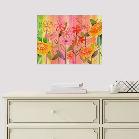 Flower meadow, vibrant floral painting