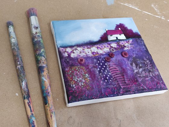 Little cottage on purple patchwork Field Textured Landscape