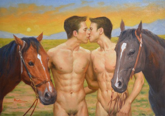 ORIGINAL CLASSICAL REALISM OIL PAINTING ART MALE NUDE  MEN AND HORSE ON CANVAS#11-10-012
