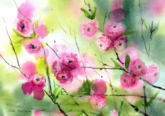 Sakura  original watercolor painting Pink flowers  artwork, floral wall art, gift idea for her spring wall art
