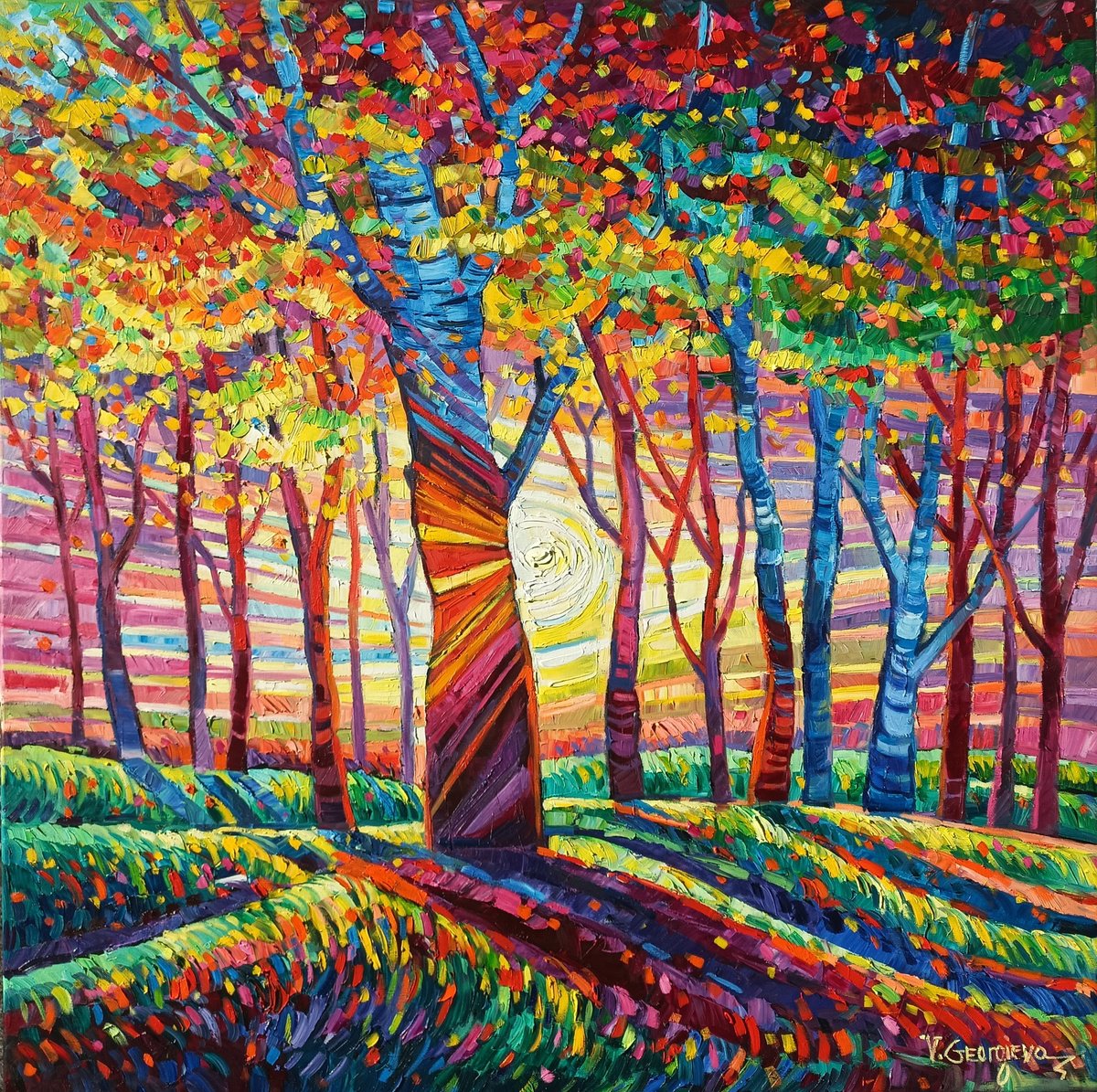 Impressionistic Landscape Oil Painting By Vanya Georgieva, 39 X 39", Autumn Light In The Forest, Original Artwork