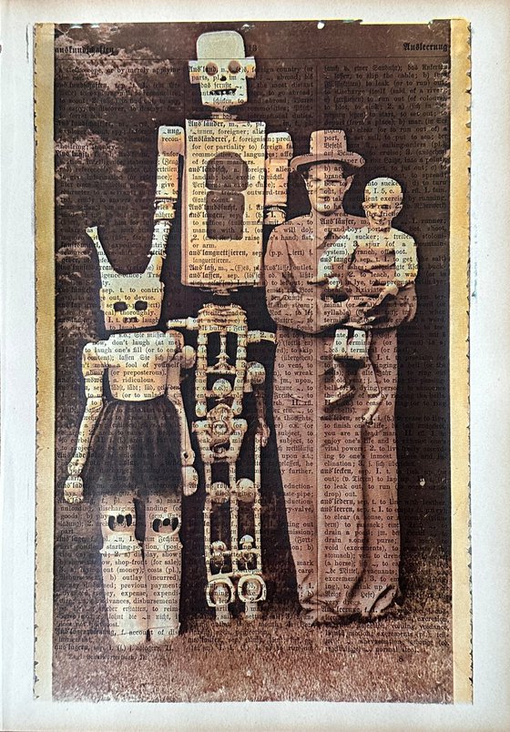 Fancy Robot Family - Collage Art Dictionary Vintage Book Page