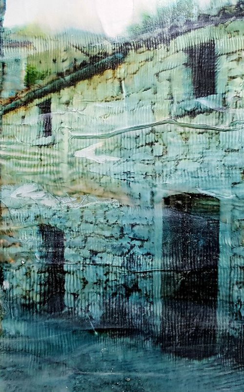 Ancient hamlet (n.304) - 87 x 58 x 2,50 cm - ready to hang - mix media painting on stretched canvas by Alessio Mazzarulli