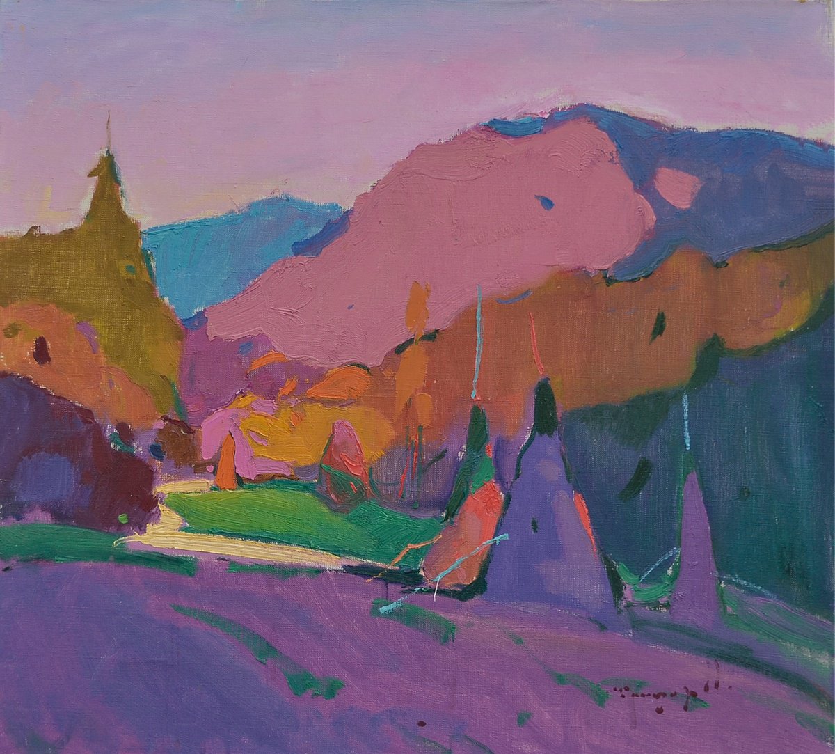 Impressionistic Landscape Oil Painting By Alexander Shandor, 26 X 24, Autumn Evening, Original Artwork