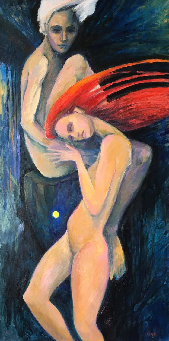 EURYDICE - indigo and red oil painting with two naked people inspired by a Greek myth gift idea home décor