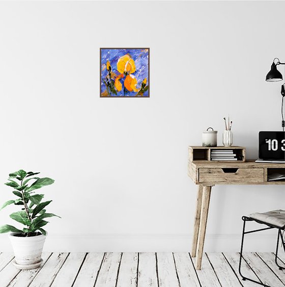 Irises Painting Floral Original Art Abstract Yellow Flowers Small Oil Impasto Pallete Knife Artwork Home Wall Art 6 by 6" by Halyna Kirichenko