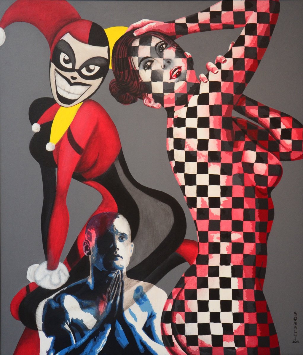 Urban And Pop Portrait Acrylic Painting By Sonaly Gandhi, 36 X 42", Couple And The Joker, Original Artwork