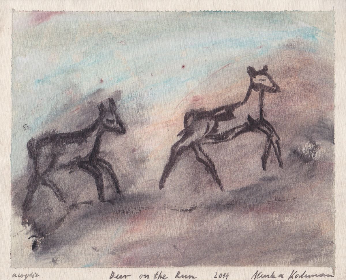 Deer on the Run, 2014, acrylic on paper, 18,8 x 23,1 cm by Alenka Koderman