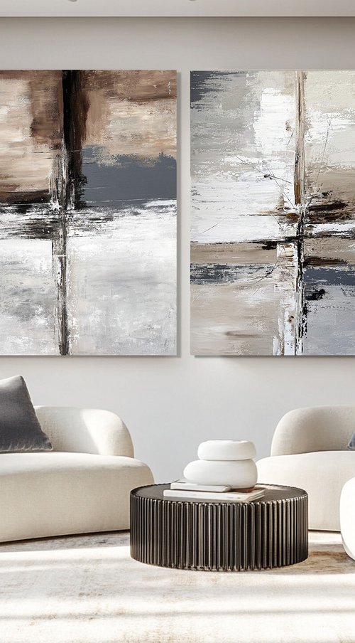 Parallel Ground.Neutral Abstract Diptych by Tatiana Malinovscaia