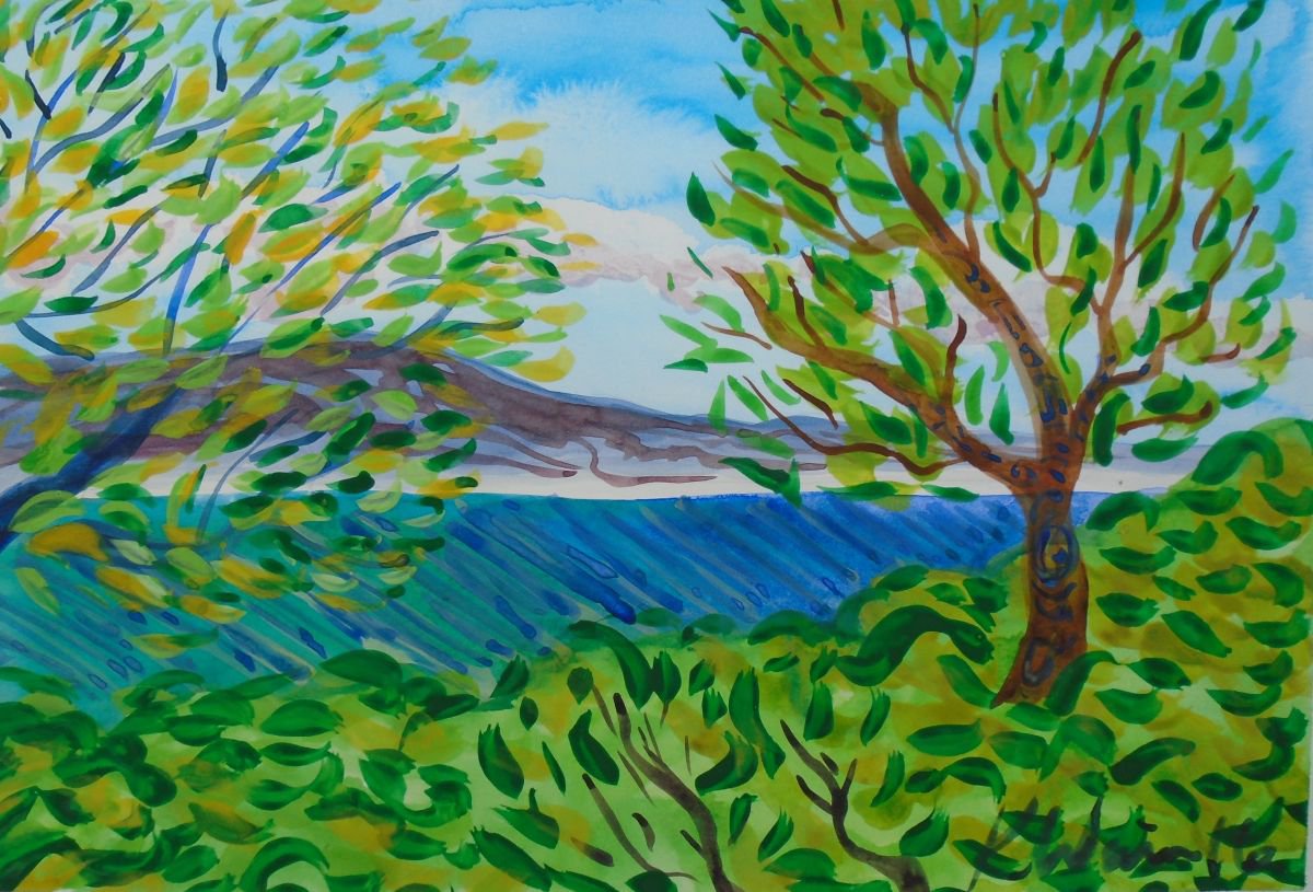 Pine trees, sea and mountains by Kirsty Wain