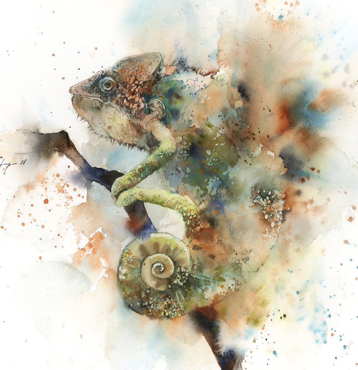 Chameleon Original Watercolor Painting by Sophie Rodionov