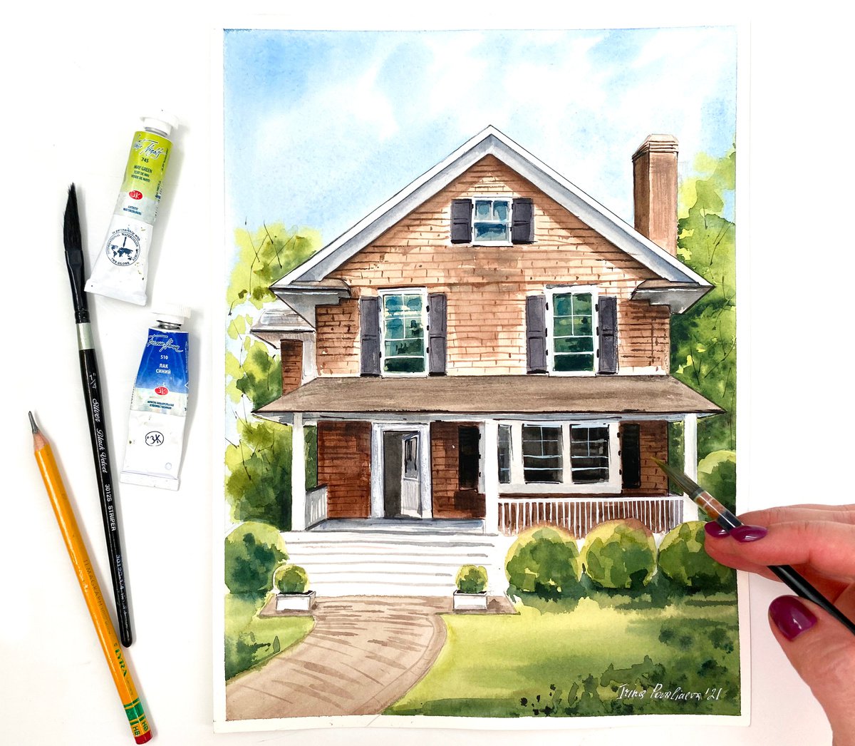 Watercolor home portrait from photo, original watercolor painting, commission custom paint... by Irina Povaliaeva
