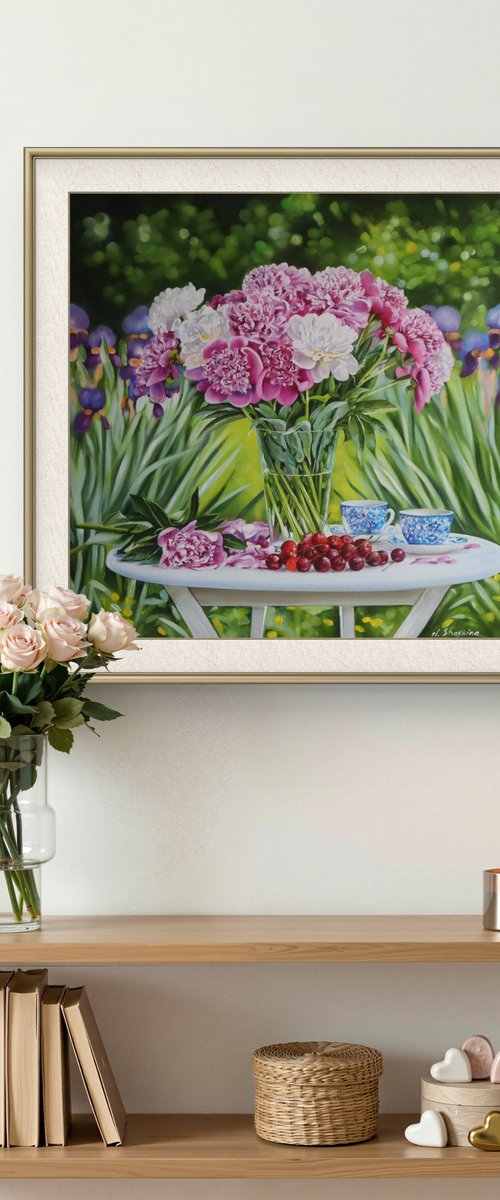 Peonies and Cherries in the Garden by Natalia Shaykina