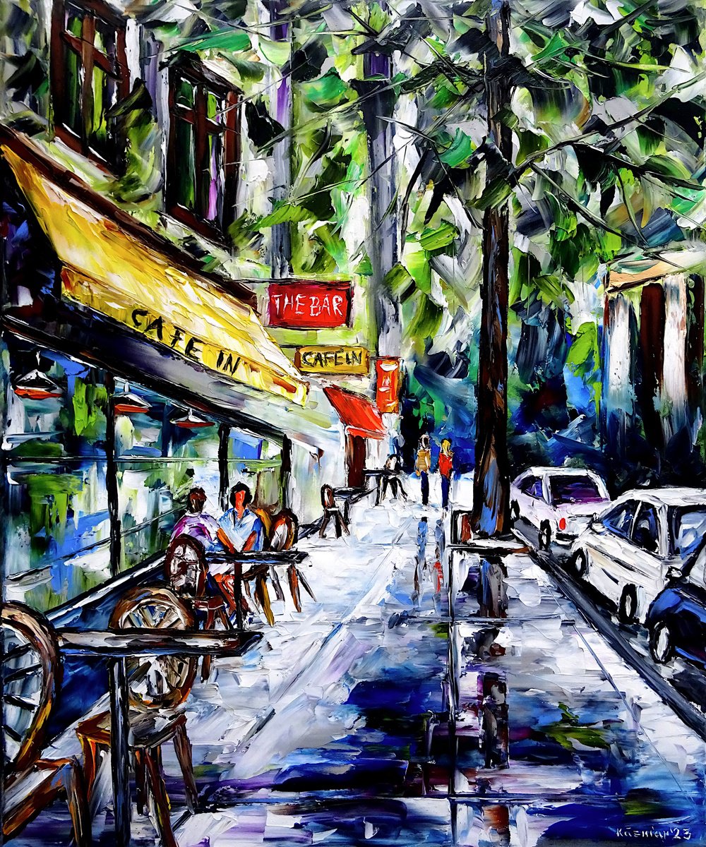 Expressive Cityscapes Oil Painting By Mirek Kuzniar, 20 X 24", Summer Cafe, Original Artwork
