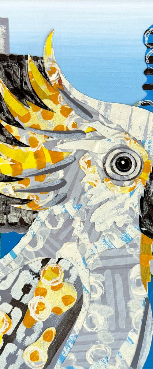 Cockatoo and Banksias Bird Collage Painting by JULIE LYNCH