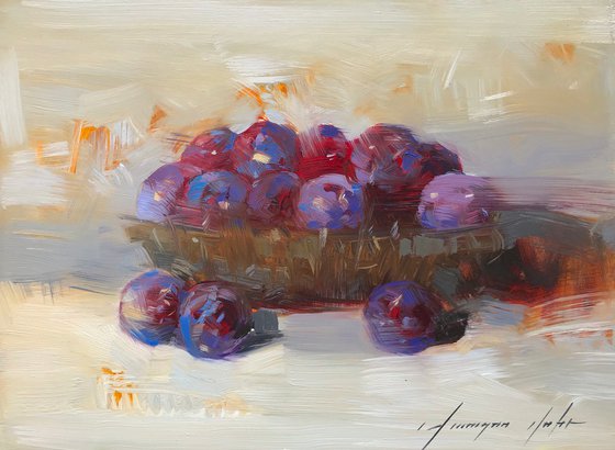 Plums, Still Life Original oil painting, Handmade artwork, One of a kind