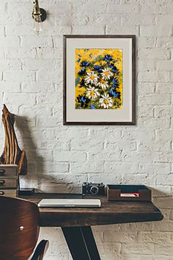 Daisy Painting Floral Original Art Cornflowers Abstract Meadow Chamomile Flowers Impasto Palette Knife Oil Artwork Home Wall Art 8 by 10 inches