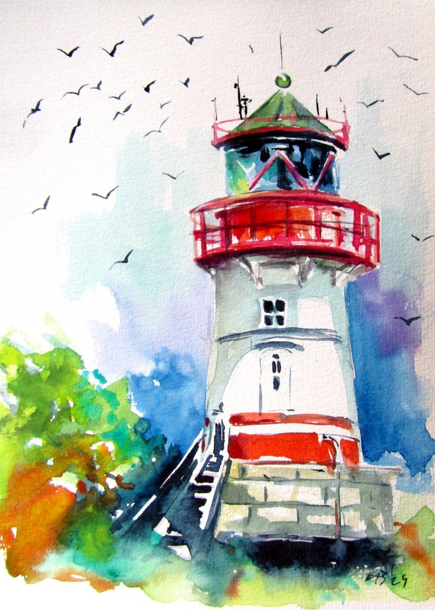 Lighthouse with birds by Kovacs Anna Brigitta