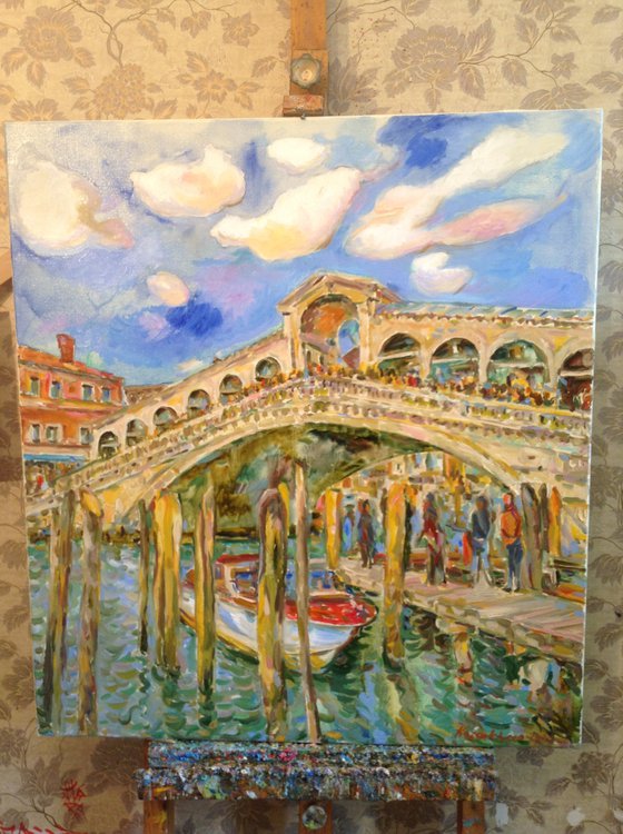 VENICE, RIALTO BRIDGE - Venice cityscape, landscape  - original painting, oil on canvas, architecture, bridge, water, love, vacations , interior home decor