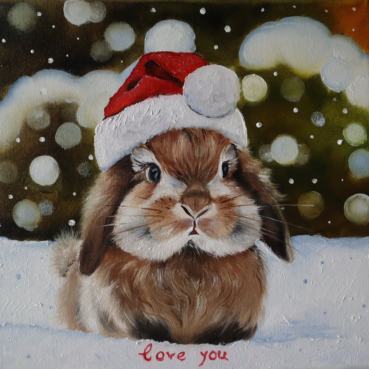 Photorealistic Oil Painting , Christmas Rabbit By Natalia Shaykina, 8 X 8, Artwork For Sale On Artfinder